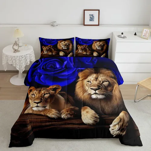 Vista 35 de Erosebridal Juego de ropa de cama de guepardo con rosa azul, juego de edredón con estampado de leopardo y gato, edredón romántico de plumón