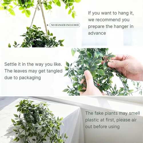 Vista 4 de Plantas colgantes artificiales para estante, vegetación falsa en maceta, paquete de 1 paquete de enredaderas de mandala sintética en maceta negra