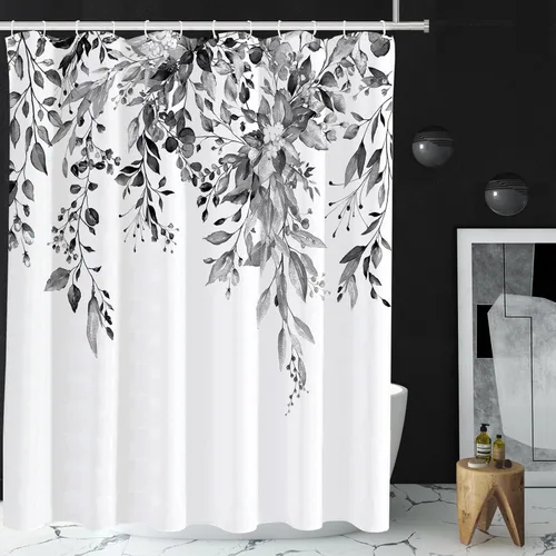 Vista 88 de Tititex - Juego de cortinas de ducha de eucalipto negro, hojas de acuarela gris en la parte superior, con decoración floral de baño, 60 x 72
