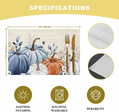 Vista 7 de Juego de 4 manteles individuales de otoño con diseño de calabaza azul, hojas florales, manteles individuales de otoño, lavables, cosecha, Acción
