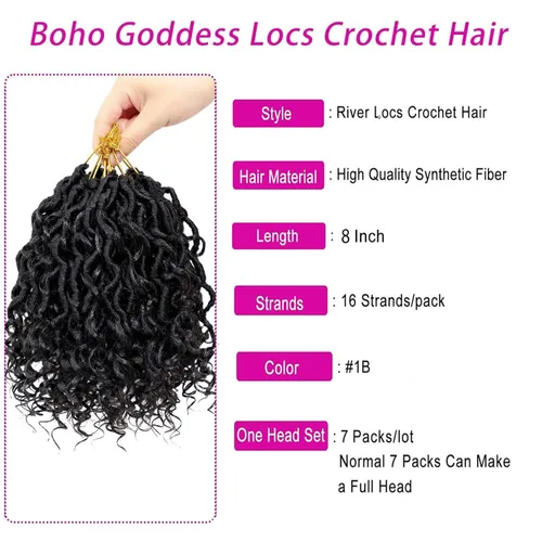 Vista 2 de 8 pulgadas Goddess Faux Locs pelo de ganchillo para mujer negro 7 paquetes de rastas estilo bohemio río para mujeres niños cabello pre rizado