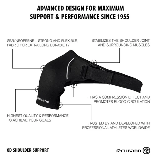 Vista 5 de Rehband Soporte de hombro para hombres y mujeres, soporte de hombro ajustable de neopreno para deportes y uso diario, vendaje de hombro