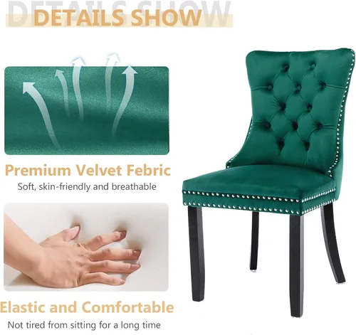 Vista 8 de Juego de mesa de comedor de mármol blanco de lujo para 6, 70 pulgadas, mesa de comedor de mármol blanco con 6 sillas de terciopelo verde y base