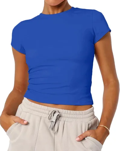 Vista 6 de Camisetas básicas de manga corta con cuello redondo para mujer de verano Y2K, lindas para salir, camisetas estilo bebé Azul ceniza