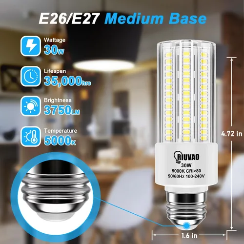 Vista 2 de RIUVAO Paquete de 2 bombillas LED, equivalente a 250 W, 30 W, 3750 lúmenes, súper brillante, 5000 K, luz blanca fría, bombilla LED E26/E27, base