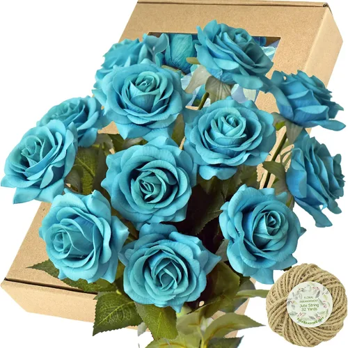 Vista 15 de FiveSeasonStuff 12 tallos de flores artificiales azul hielo, rosas de seda de tacto real para decoración de boda, en caja de regalo Azul helado