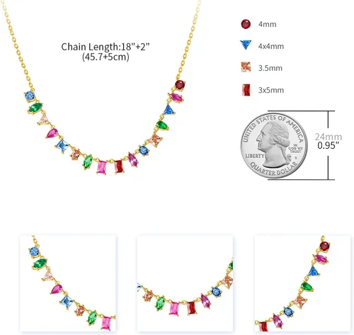 Vista 6 de G&GEMSJEW Women Gold Colorful Gemstone Necklace Multicolor CZ Rainbow Chain Choker for Girls 14K Gold Plated Multi Gems Necklace
