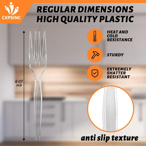 Vista 2 de [Paquete de 1000] Tenedores de plástico transparente desechables pesados, dimensiones para fiestas, caja combinada de cubiertos de plástico