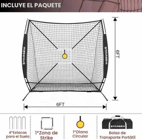 Vista 2 de Storgem 6'X6' Baseball Softball Practice Net with Strike Zone & Bow Frame Negro (Black Pro)
