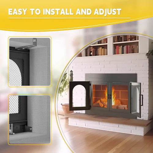 Vista 5 de TOCRETOARE Puerta de chimenea, puertas de lugares de fuego con pantalla y decoración de vidrio, protector de malla de hierro para chimeneas