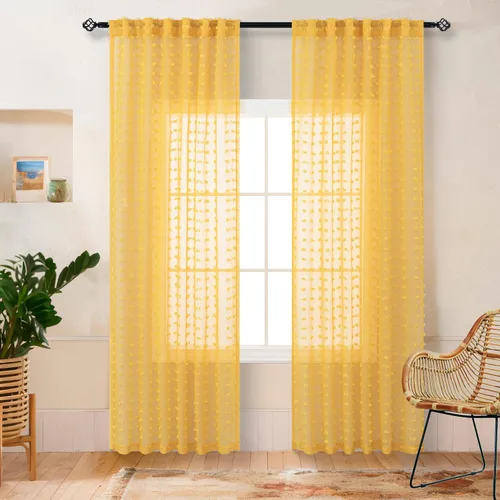 Vista 22 de Cortinas Beige Semitransparentes de 63 Pulgadas de Largo para Dormitorio, Sala de Estar, Guardería Infantil, Ventana con Diseño de Pompón