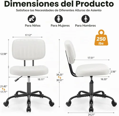 Vista 2 de Simple Deluxe Silla de escritorio pequeña, silla de oficina sin brazos con ruedas, de piel sintética, cómoda para computadora, giratoria, sin brazos