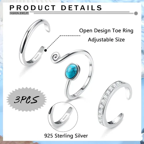 Vista 2 de Florideco Juego de 3 anillos de plata de ley S925 para mujer, con puntera abierta, ajuste cómodo, ajustable, nudo celta, turquesa, dedo del pie