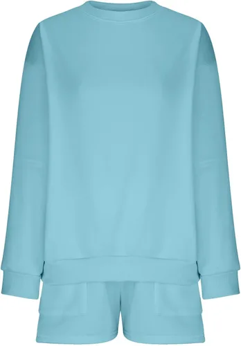 Vista 4 de Stessotudo 2 Piece Outfits for Women Long Sleeve Baggy Sweatshirts Tops Casual Solid Plus Size Sweatsuits Trendy Short Sets