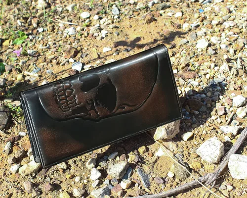 Vista 2 de DK86 Cartera larga plegable para hombre Cuero de grano completo con bruñido a mano Bloqueo Rfid, Calavera A