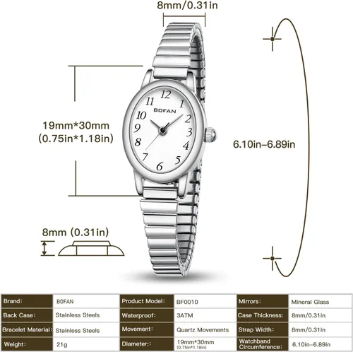 Vista 4 de BOFAN Relojes pequeños de oro para mujer, relojes de pulsera de cuarzo de fácil lectura con banda de expansión de acero inoxidable, resistente al