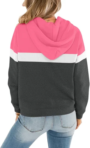 Vista 2 de ORANDESIGNE Sudadera casual con capucha de manga larga para mujer, con bloques de color, holgada, ligera, con bolsillo