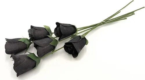 Vista 4 de 6 rosas de madera negras medio abiertas para manualidades, ramos personalizados y otros proyectos. 16 colores para elegir. Negro