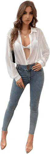 Vista 4 de Verdusa Blusa de malla transparente con botones para mujer, manga larga, hombros caídos