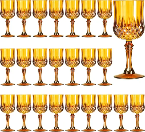 Vista 28 de Copas de vino de plástico de 7 onzas, 10 vasos de vino reutilizables ámbar, copas de champán vintage, copas de agua de cristal de plástico
