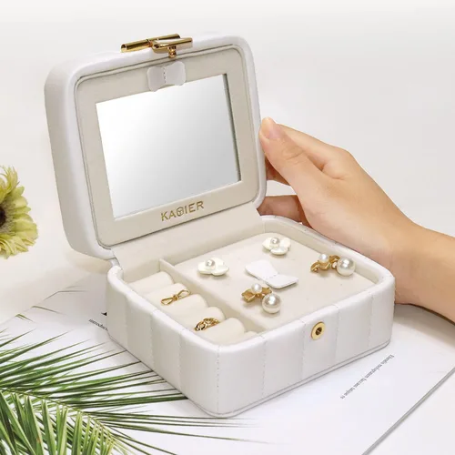 Vista 2 de KAMIER Organizador de joyas de viaje, caja organizadora de joyas de viaje de cuero acolchado con diamante, caja de joyería pequeña para mujer