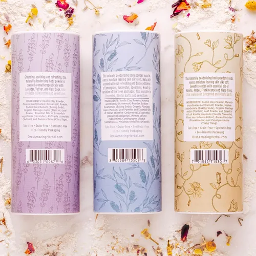 Vista 2 de Polvo corporal natural Ora's Amazing Herbal sin talco para mujeres, paquete variado con aceites esenciales, sin talco ni maíz, sin granos, polvo
