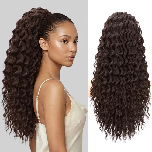 Vista 23 de FREEMEIGE Extensión de cola de caballo, cola de caballo rizada ondulada de 8 pulgadas para mujeres negras, corto, suave, natural, sintético, grueso