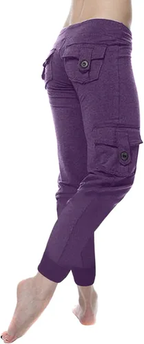 Vista 6 de Pantalones de chándal Mujer botones Leggings Cintura elástica y bolsillos Pantalones Largos recortados para Yoga