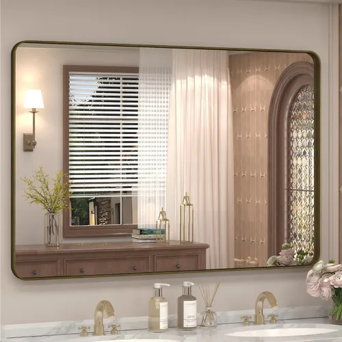 Vista 46 de Espejo rectangular para pared de baño de 20x30 pulgadas con marco negro mate, espejo de tocador con esquinas redondeadas, espejo de baño de metal
