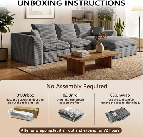 Vista 9 de Sofá modular modular de 106 pulgadas con asiento profundo, sofá de pana en forma de L con diván reversible, juego de 3 piezas para sala de estar Gris