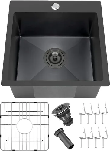 Vista 11 de Fregadero de Barra Negro Empotrable de 15x15 Pulgadas - Fregadero de Cocina Cuadrado Pequeño de Acero Inoxidable de Montaje Superior para Estación
