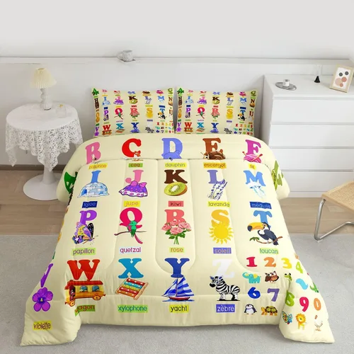Vista 13 de jejeloiu Juego de edredón educativo para niños, tamaño matrimonial, juego de ropa de cama con números del alfabeto ABC para niños y niñas pequeños