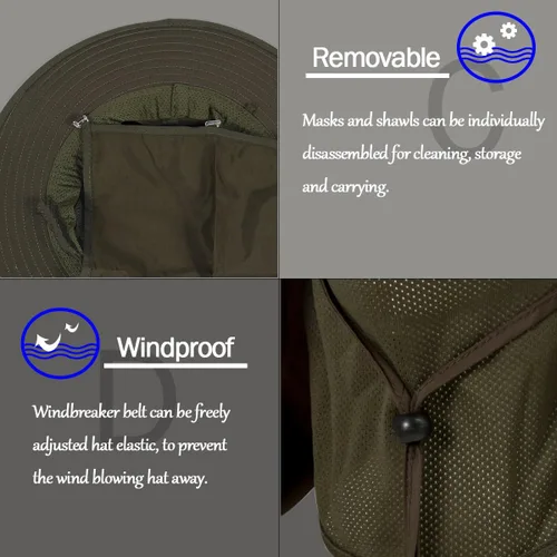 Vista 3 de Sombrero de pesca con protección solar, funda extraíble con solapa para el cuello con mangas para brazos para exteriores