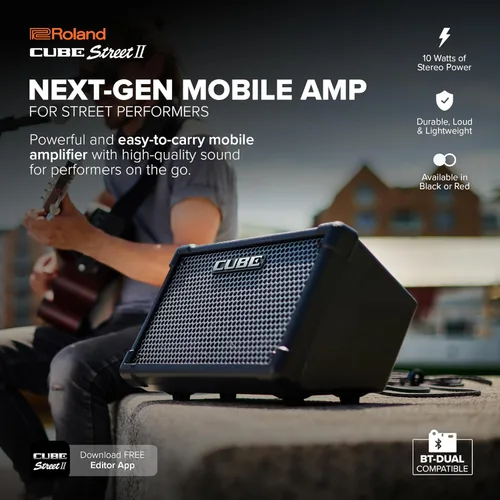 Vista 2 de Roland Cube Street II Amplificador estéreo portátil alimentado por batería Ideal para artistas callejeros Soporta micrófonos, instrumentos
