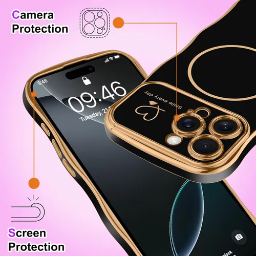 Vista 4 de Fiyart - Funda diseñada para iPhone 16 Pro, marco de onda lindo con forma rizada, corazones de amor chapados para mujeres y niñas, protección