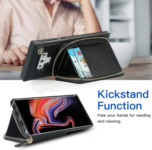 Vista 5 de Asuwish Funda de teléfono para Samsung Galaxy Note 9 con protector de pantalla de vidrio templado y soporte para tarjetas con cremallera, soporte