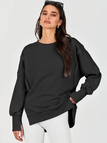 Vista 3 de Caracilia Sudadera de gran tamaño para mujer, cuello redondo, manga larga, sudadera con capucha, ropa de otoño a la moda