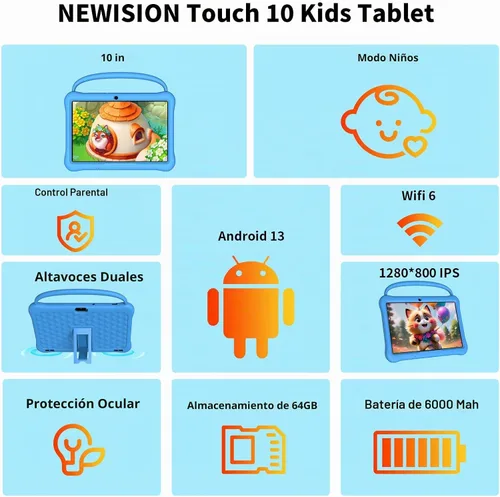 Vista 6 de Tableta Android de 10 pulgadas para niños,64GB 1TB Expand,Control parental Azul
