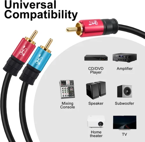 Vista 2 de SHD Cable de subwoofer RCA a 2RCA, cable de audio 2RCA a 1RCA bidireccional RCA adaptador Y calidad de sonido premium blindado doble con conectores