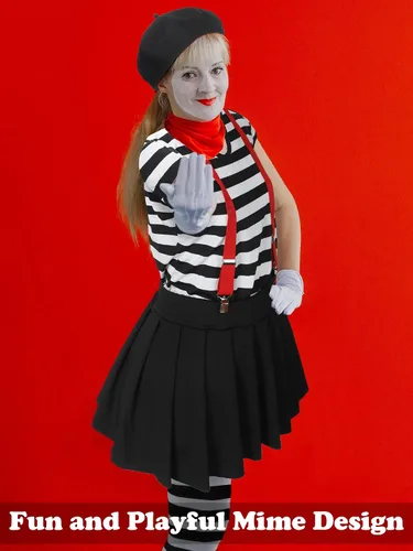 Vista 6 de Tisancy 7 piezas de disfraz de artista Mime para mujer, incluye falda tutú, camiseta a rayas, boina, tirantes, bufanda, guantes, calcetines
