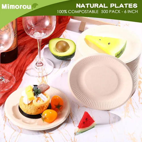 Vista 6 de Mimorou 500 platos de papel 100% compostables a granel, platos de papel desechables de caña de azúcar, color marrón, a granel, pequeños, postres