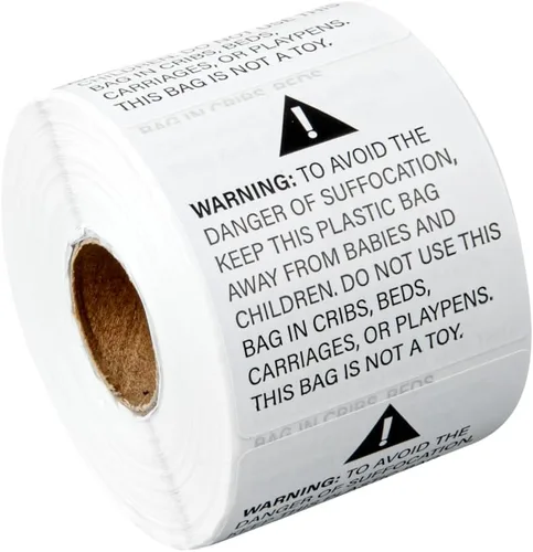 Vista 2 de Restaurantware Label Tek - Calcomanías de embalaje de 2 x 2 pulgadas, 500 etiquetas de envío de alta calidad, advertencia de asfixia, papel blanco