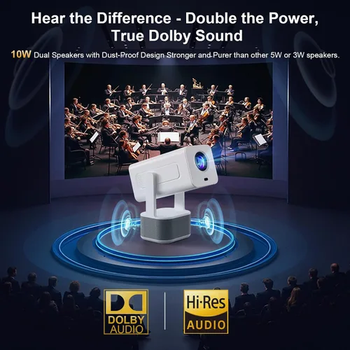 Vista 3 de Audio Dolby de 10 W, brillo mejorado, enfoque automático: soporte para mini proyector 4K - Proyector portátil inteligente con WiFi 6 y Bluetooth
