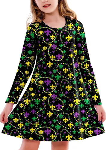 Vista 37 de Deerose Vestido de manga larga para niñas del día de San Patricio Mardi Gras, de 3 a 14 años Navidad café