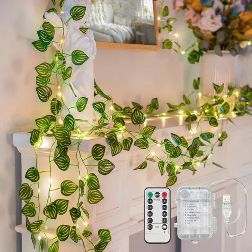 Vista 12 de suddus Willow Vine con luces de hadas funciona con pilas, 12 pies 40 luces LED artificiales con control remoto, cadena de luces colgantes