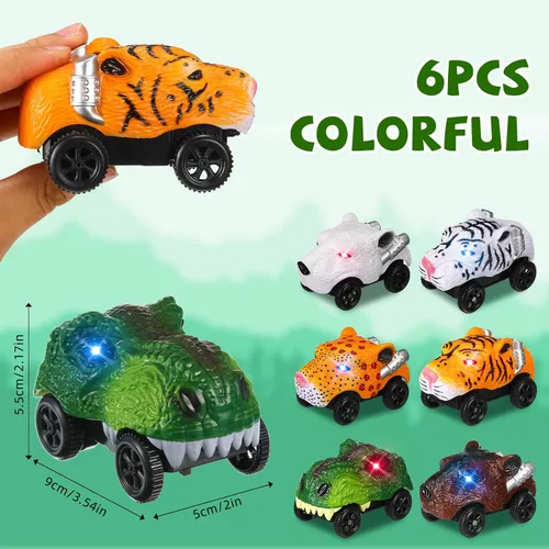 Vista 2 de Skylety - Paquete de 6 coches de carreras de dinosaurios LED compatibles con la mayoría de pistas, bestia Battery Powered Glowing Toys