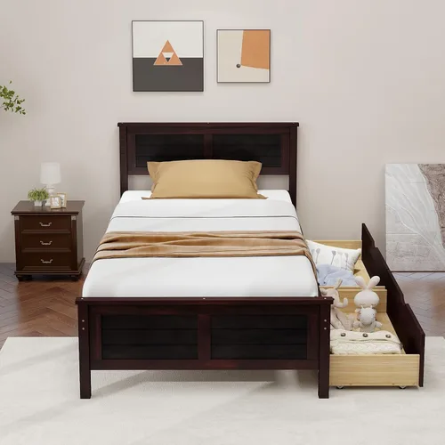 Vista 3 de Giantex Cama individual de madera con 2 cajones de almacenamiento, plataforma de madera maciza con cabecero, base de colchón de soporte de listones