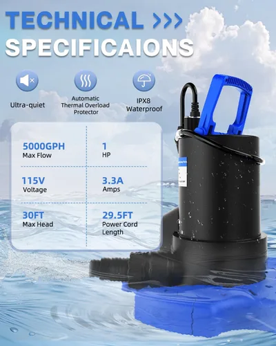 Vista 2 de Bomba automática de cubierta de piscina, bomba de agua sumergible de 1 HP 5000 GPH con válvula de retención y 3 adaptadores, cable de 29.5 pies