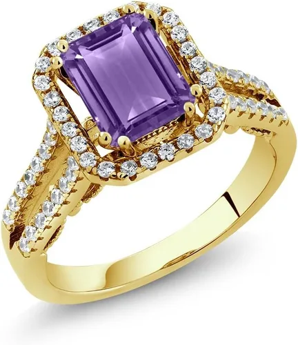 Vista 6 de Gem Stone King 18K Yellow Gold Plated Silver Emerald Cut 9X7MM Gemstone Birthstone Wedding Anniversary Promise Engagement Ring For Women Available