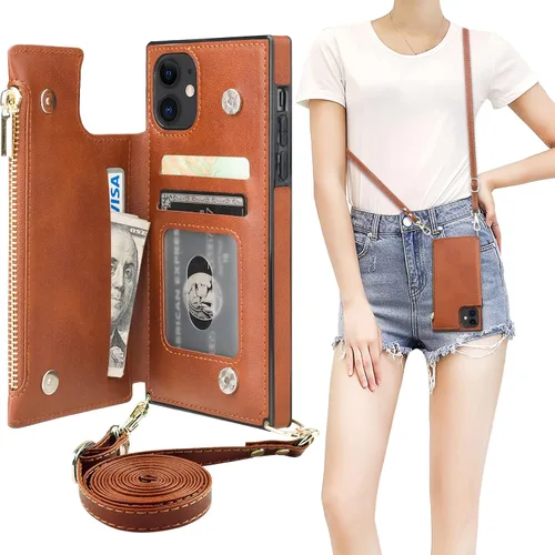 Vista 23 de Bocasal Funda tipo cartera cruzada para iPhone 11 Pro con tarjetero, protector de ranura para tarjetas con cremallera, a prueba de golpes, con Negro
